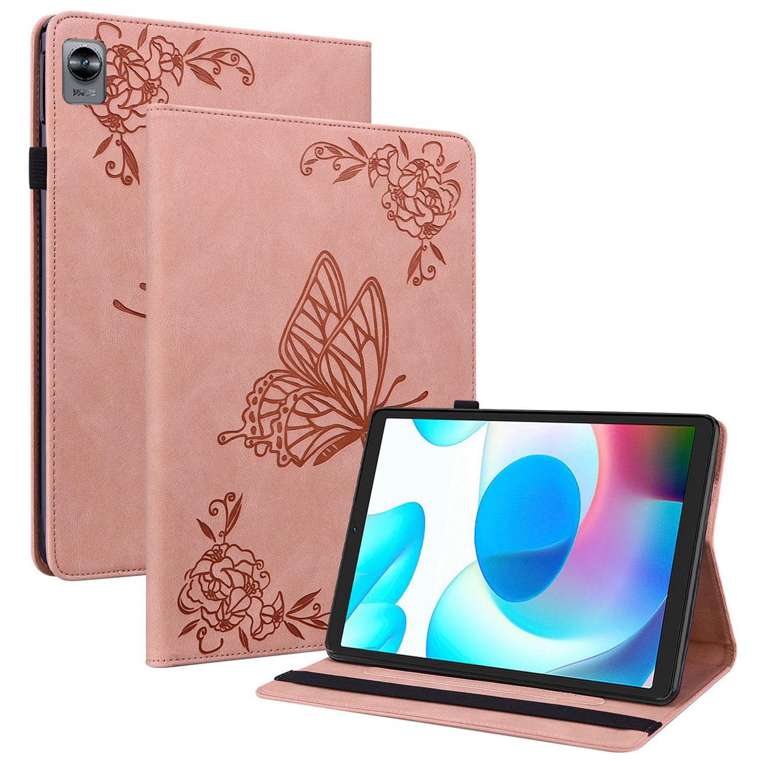 

Für Realme Pad Mini Mini 8,7-zoll-schmetterlingsblume Eingeprägte Pu-leder-tablet-kartonhalterabdeckung - Rosa, Realme Pad Mini