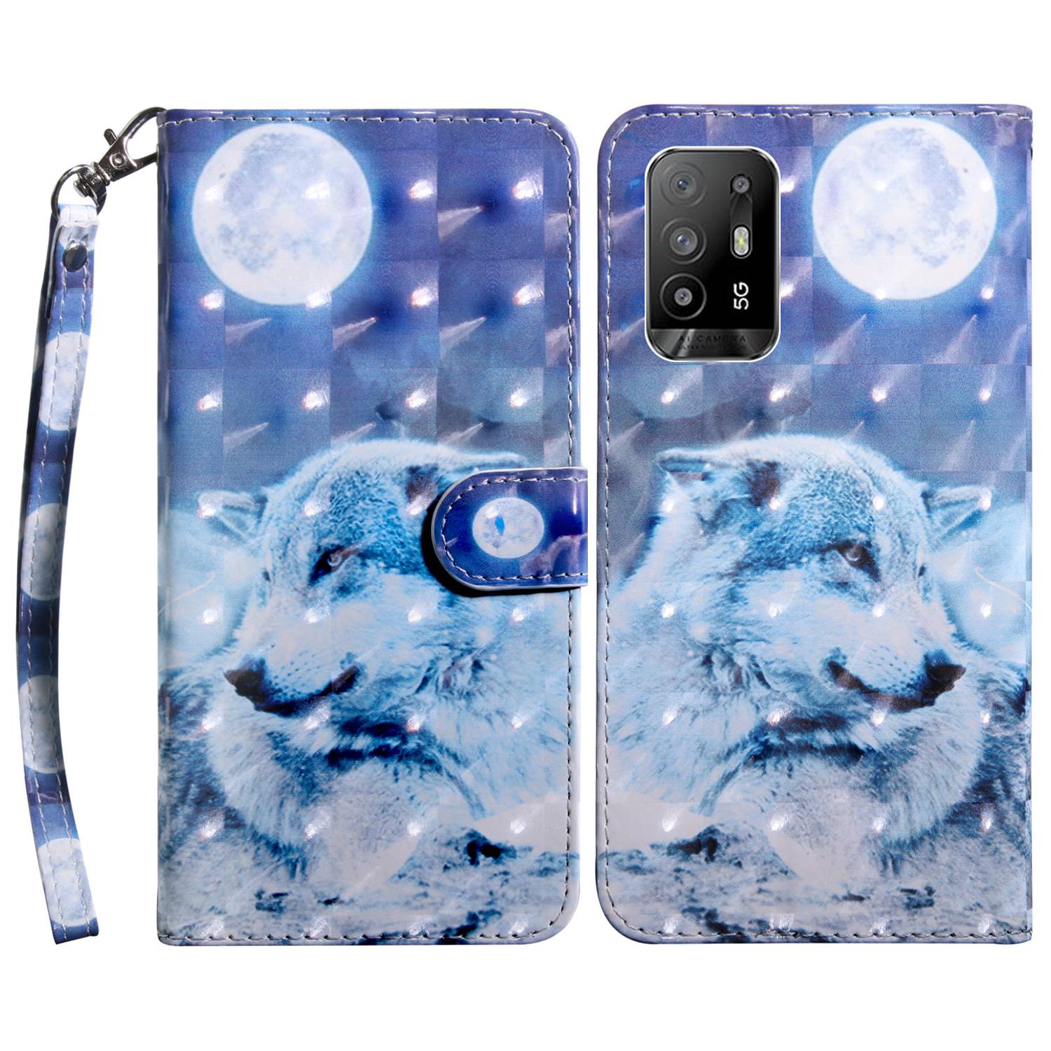 

Für Oppo A94 5G/A95 5G Schutzhülle Anti-drop-muster Druck Telefonschale PU Lederständer Mit Brieftasche - Schnee Und Wolf, Oppo A94 5G