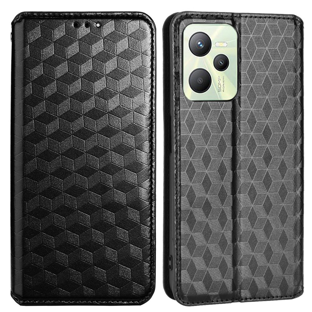 

Für Realme Narzo 50A Prime Impressierte Rhombusmuster PU Leder Magnetverschluss Brieftasche Mit Faltbarem Ständer - Schwarz, Realme Narzo 50A Prime