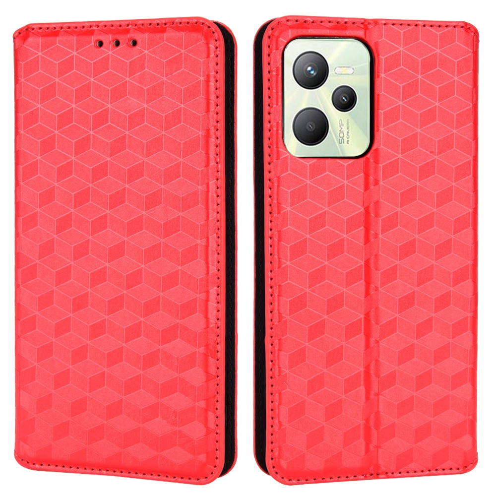 

Für Realme Narzo 50A Prime Impressierte Rhombusmuster PU Leder Magnetverschluss Brieftasche Mit Faltbarem Ständer - Rot, Realme Narzo 50A Prime