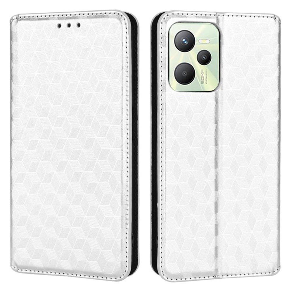 

Für Realme Narzo 50A Prime Impressierte Rhombusmuster PU Leder Magnetverschluss Brieftasche Mit Faltbarem Ständer - Silber-, Realme Narzo 50A Prime