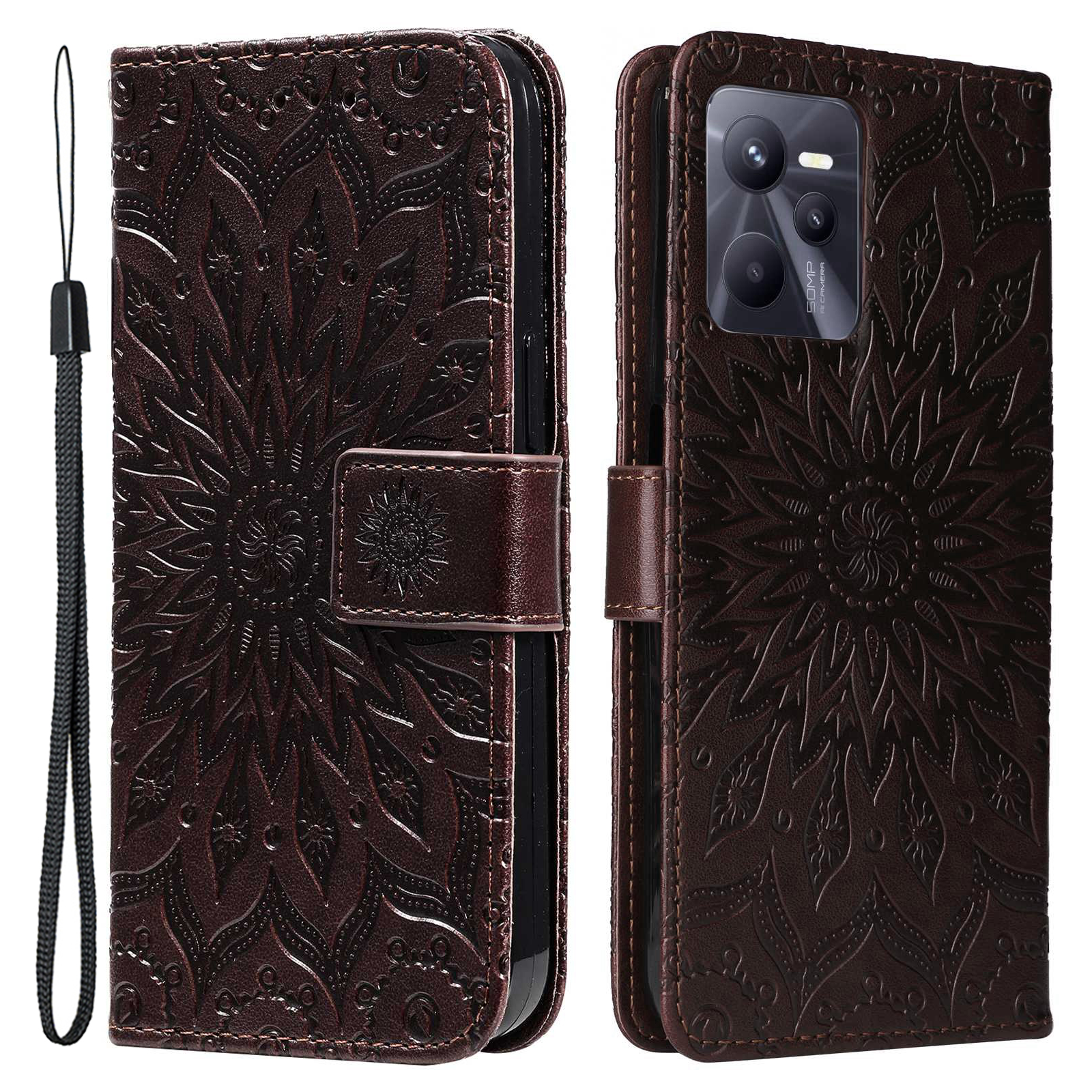 

KT Spruding Flower Series-1 Für Realme C35 4G Sprudel Mandala Sonnenmuster Phone Hülle PU Leder-stand Wallet Wallet - Braun, Realme C35 4G