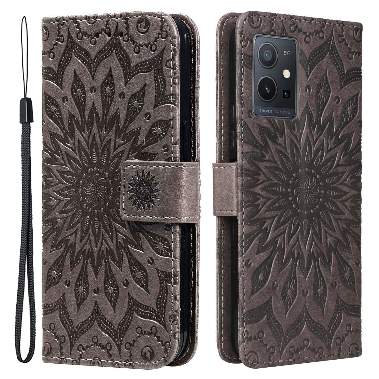 

KT Spruding Flower Series-1 Für Vivo Y55 5G Sprudel Mandala Sonnenmuster PU Lederstand Hülle Telefon Brieftaschenabdeckung - Grau, vivo Y55 5G