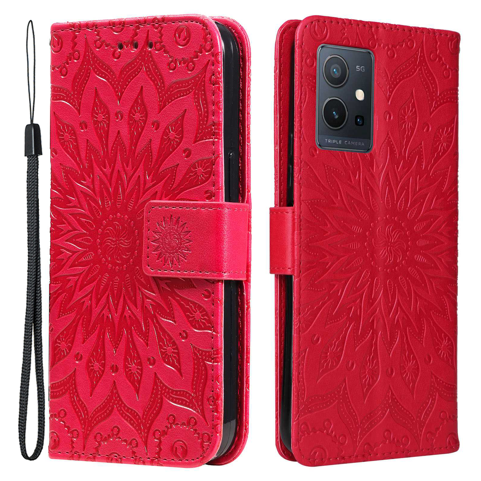 

KT Spruding Flower Series-1 Für Vivo Y55 5G Sprudel Mandala Sonnenmuster PU Lederstand Hülle Telefon Brieftaschenabdeckung - Rot, vivo Y55 5G