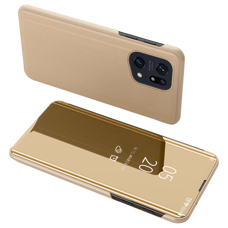 

Für Oppo Finden X5 Pro Bookstyle Ansicht Fenster Elektroplatte Spiegel Ständer Hülle PU Leder Ganzkörperschutz Flip Folio Cover - Gold, Oppo Find X5 Pro
