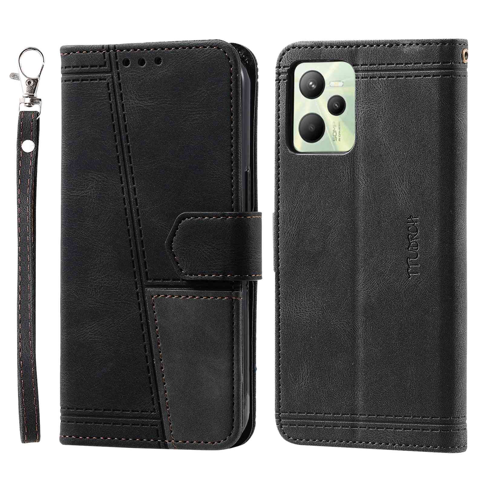

Ttudrch 004 Spleißhaut-touch-leder-hülle Für Realme C35, Rfid-blockierungs-brieftaschenständer Flip Telefonabdeckung - Schwarz, Realme C35 4G