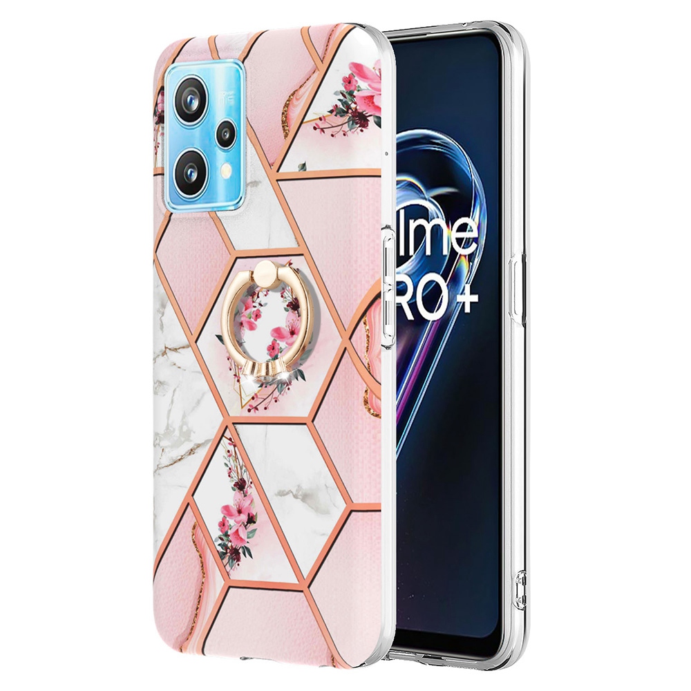 

Für Realme V25/9 Pro 5G YB IMD Series-6 Marmor Muster Bump Proof Tpu-fall Imd-rückseite Mit Ring Kickstand - Pinke Blumen, Realme 9 Pro 5G