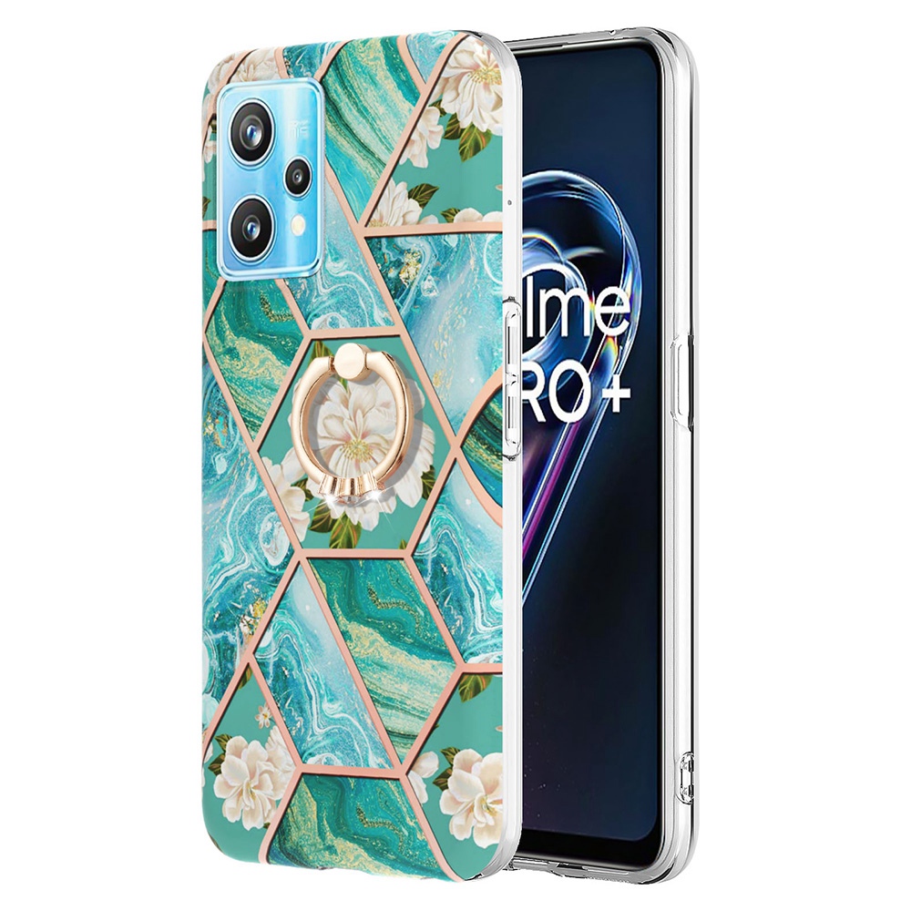 

Für Realme V25/9 Pro 5G YB IMD Series-6 Marmor Muster Bump Proof Tpu-fall Imd-rückseite Mit Ring Kickstand - Blaue Blumen, Realme 9 Pro 5G