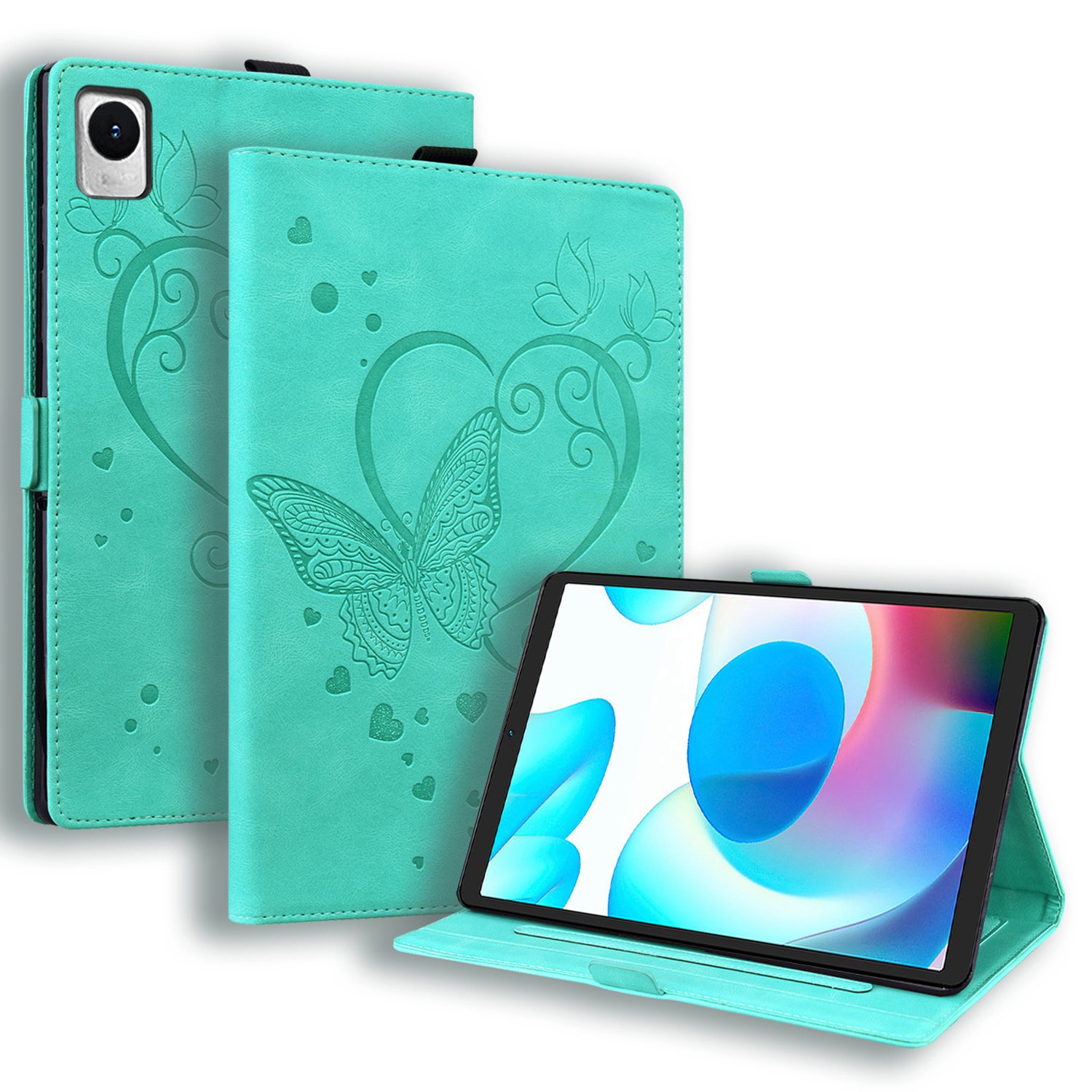 

Für Realme Pad Mini Eingeprägter Schmetterling PU Leder Hülle Verstellbare Standkarten Halter Tragen Resistente Telefonabdeckungen Mit Bleistifthalter - Cyan, Realme Pad Mini