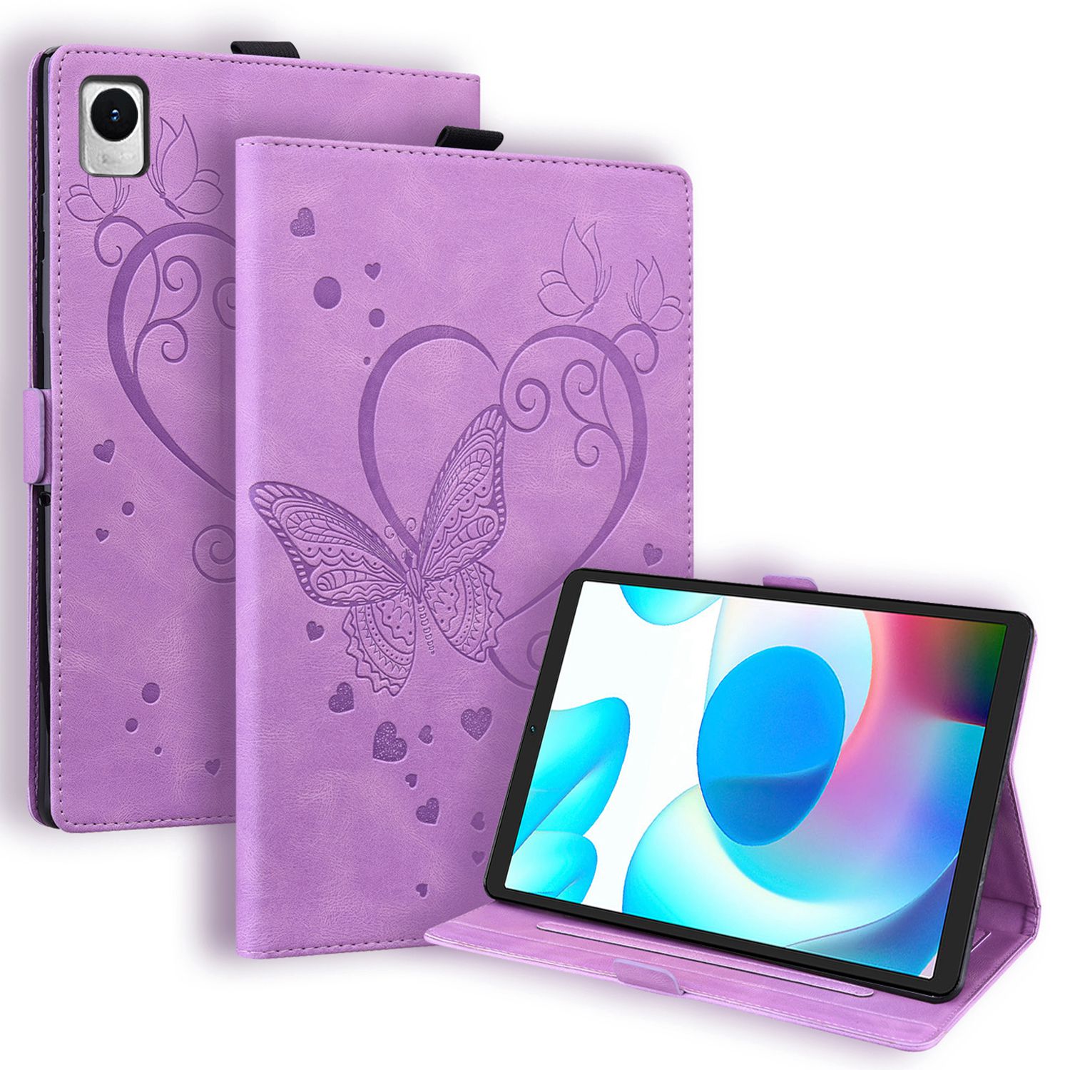 

Für Realme Pad Mini Eingeprägter Schmetterling PU Leder Hülle Verstellbare Standkarten Halter Tragen Resistente Telefonabdeckungen Mit Bleistifthalter - Violett, Realme Pad Mini