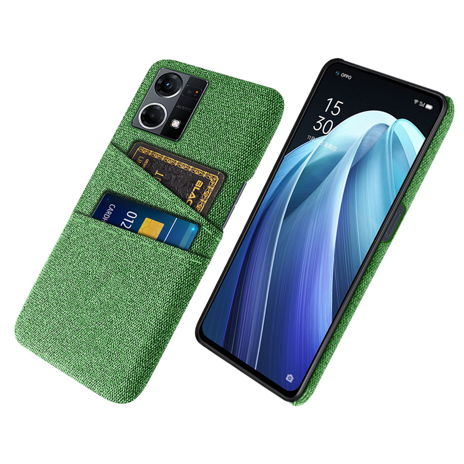 

Dual-Card-Slots Telefonabdeckung Für Oppo Reno7 4G, Stofftextur Drop-Sof-Stoff + PC Back Case Shell - Grün, Oppo Reno7 4G