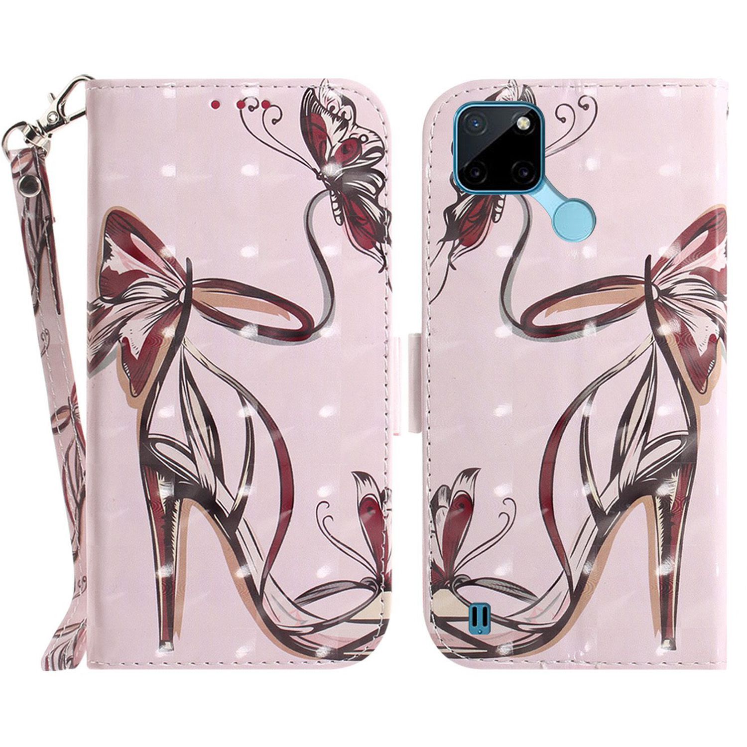 

3D -muster Druckstilltechnologiehülle Für Realme C21Y, PU Leder + TPU -abdeckung Mit Riemen - Schmetterling High Heels, Realme C21Y