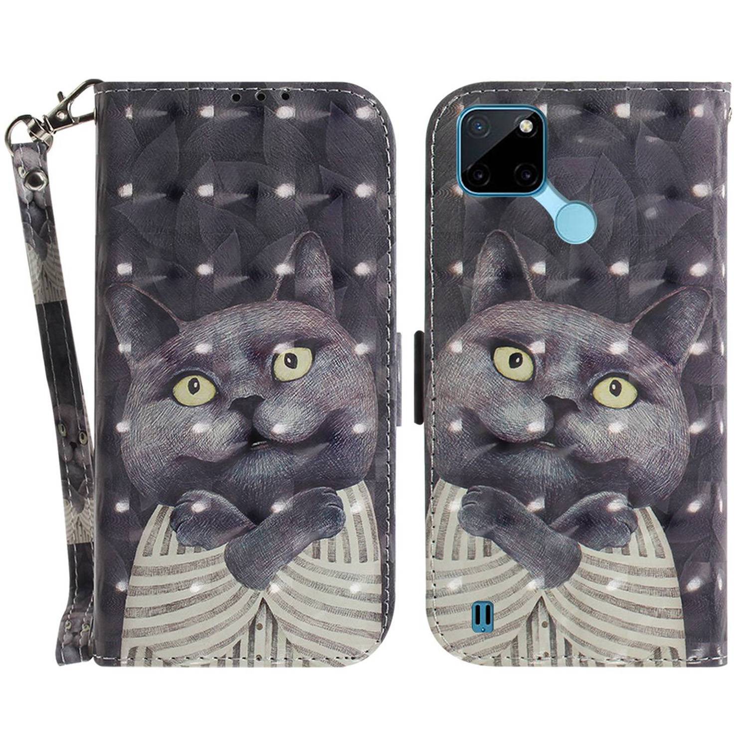 

3D -muster Druckstilltechnologiehülle Für Realme C21Y, PU Leder + TPU -abdeckung Mit Riemen - Katze Umarmen, Realme C21Y