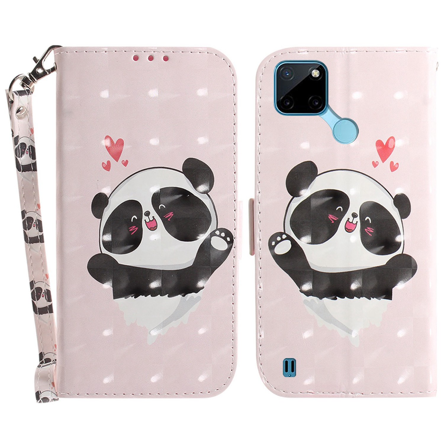 

3D -muster Druckstilltechnologiehülle Für Realme C21Y, PU Leder + TPU -abdeckung Mit Riemen - Liebe Panda, Realme C21Y