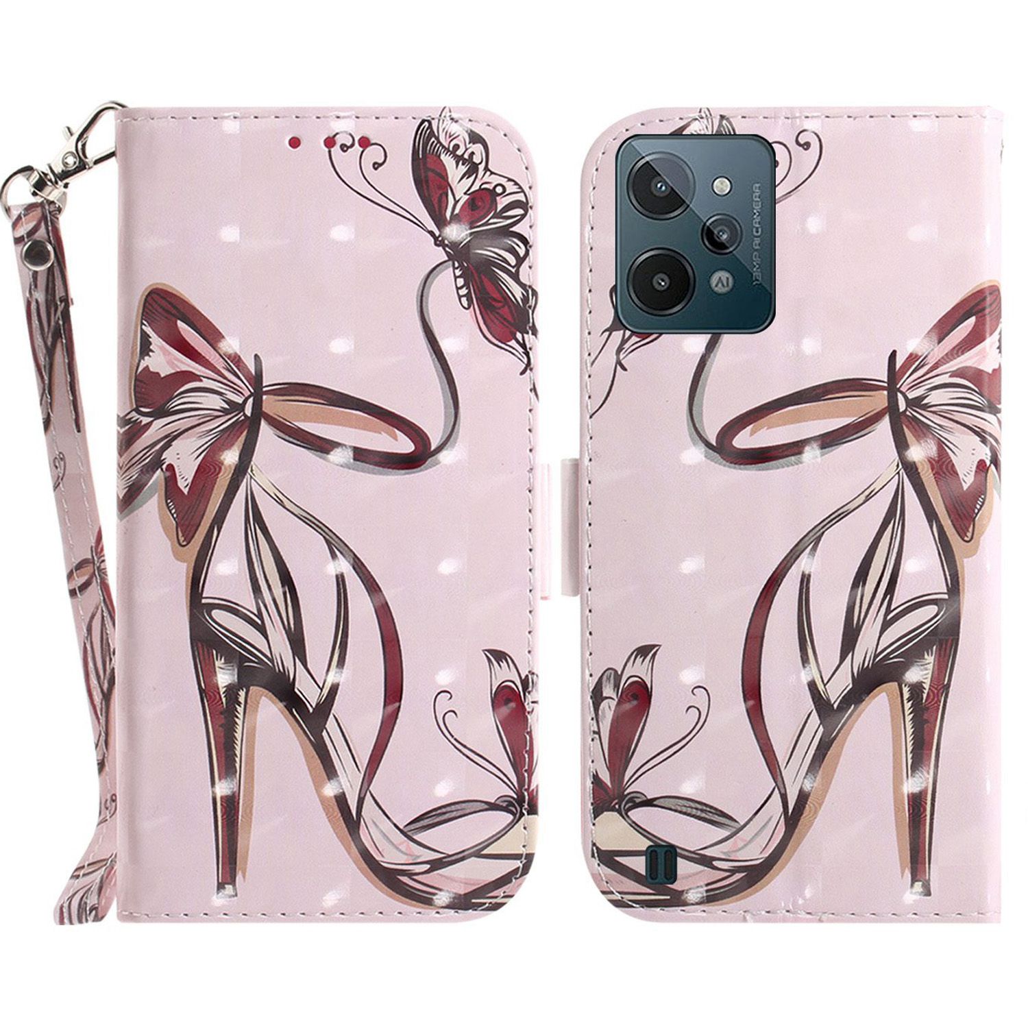 

PU -lederabdeckung Des 3D -musterdrucks Für Realme C31, Schockdes Ständer Brieftaschenhülle Mit Riemen - Schmetterling High Heels, Realme C31