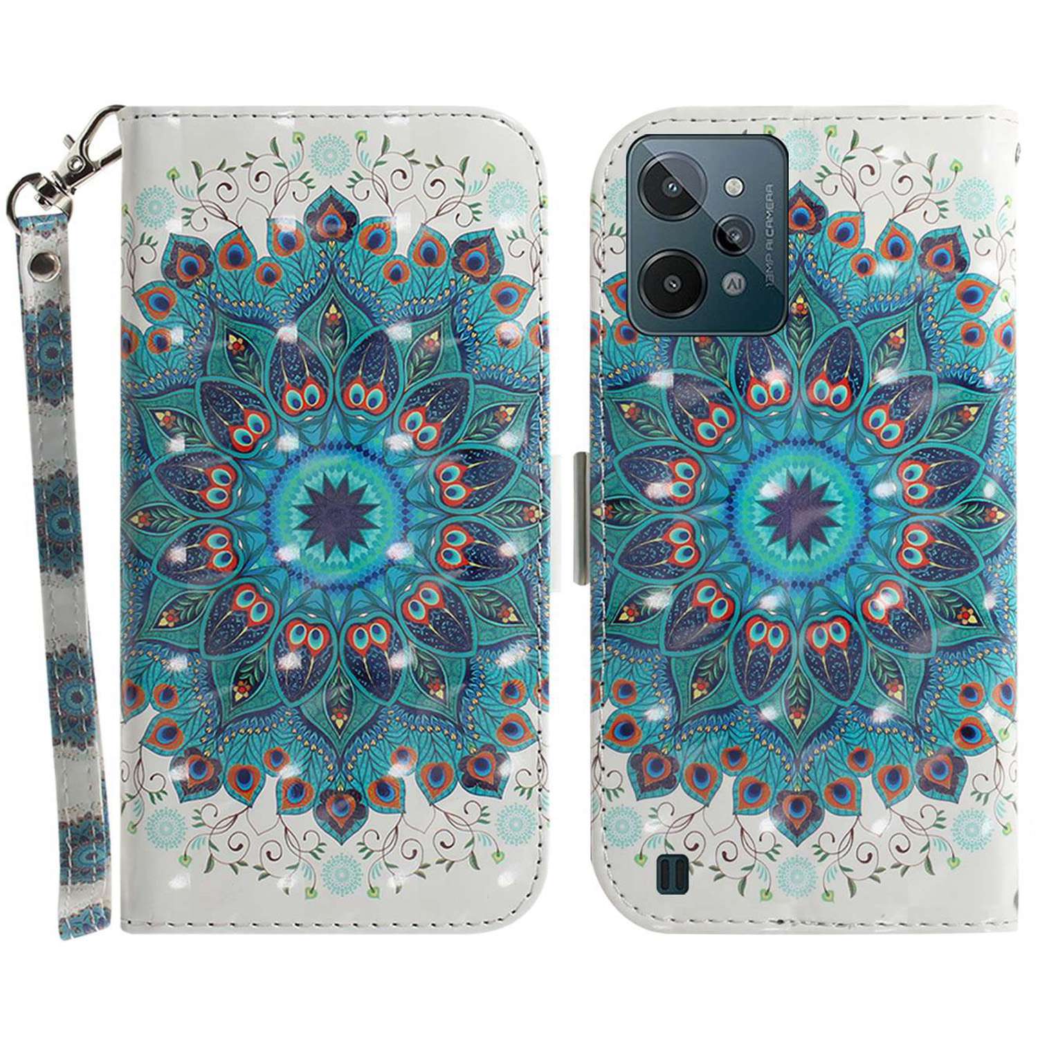

PU -lederabdeckung Des 3D -musterdrucks Für Realme C31, Schockdes Ständer Brieftaschenhülle Mit Riemen - Pfauenkranz, Realme C31