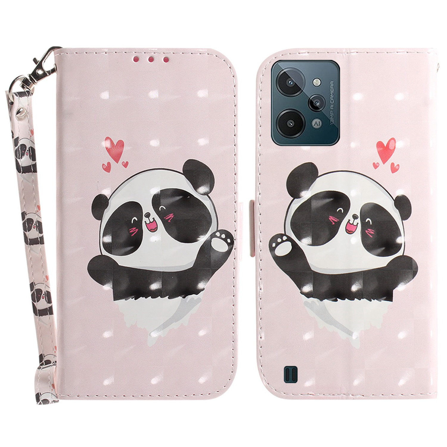 

PU -lederabdeckung Des 3D -musterdrucks Für Realme C31, Schockdes Ständer Brieftaschenhülle Mit Riemen - Liebe Panda, Realme C31