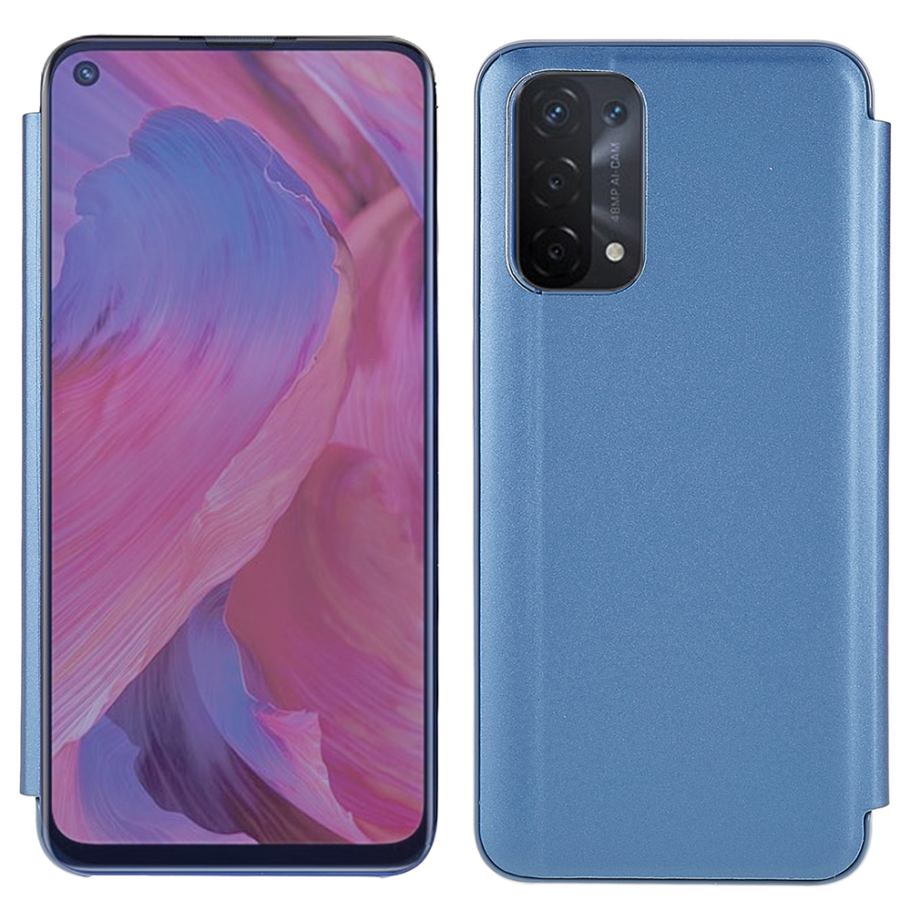 

Für Oppo A74 5G/A54 5G Einstellbare Ständerfunktion Ansicht Fenster Elektroplatte Spiegelkoffer PU Leder Flip Folio Schutzabdeckung - Blau, Oppo A74 5G