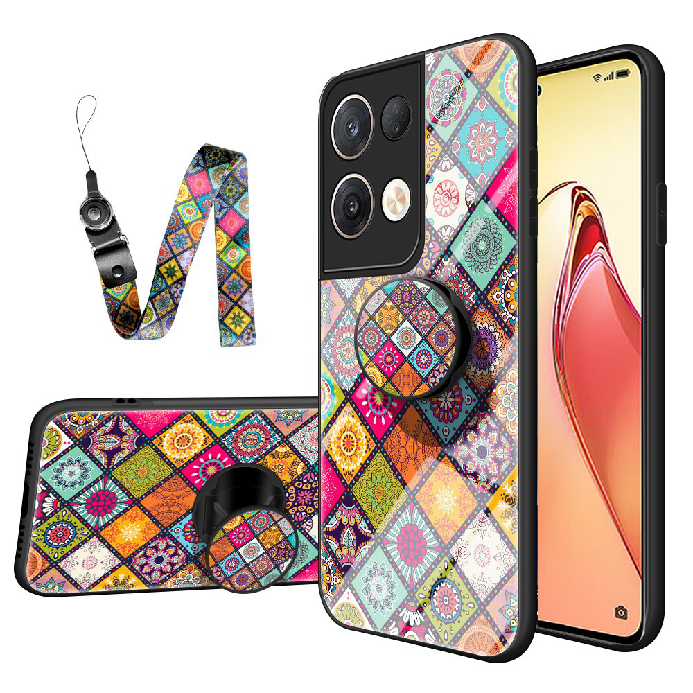

Für Oppo Reno8 Pro+ 5g / Reno8 Pro 5g (Global Version) Blumenmuster Temperiertes Glas + Hartes PC -rückenhülle Weiche TPU -kickstand -schutzabdeckung Mit Lanyard - Farbmuster, Oppo Reno8 Pro+ (China) 5G