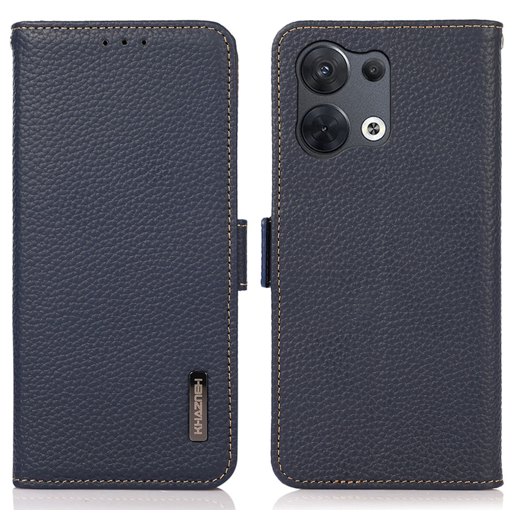 

Khazneh RFID Blockieren Echte Ledertaste Für Oppo Reno8 Pro 5G (globale Version) / Reno8 Pro+ 5G, Litchi Textur Stand Wallet Brieftasche Magnetic Clasp Phone Cover - Blau, Oppo Reno8 Pro 5G (Global Version)