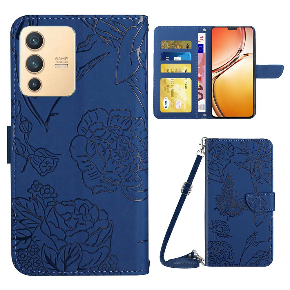 

Haut-touch-pu-ledertasche Für Vivo V23 5g, Stand Wallet Butterfly Blumen Eindruck Telefonabdeckung Mit Schultergurt - Blau, vivo V23 5G