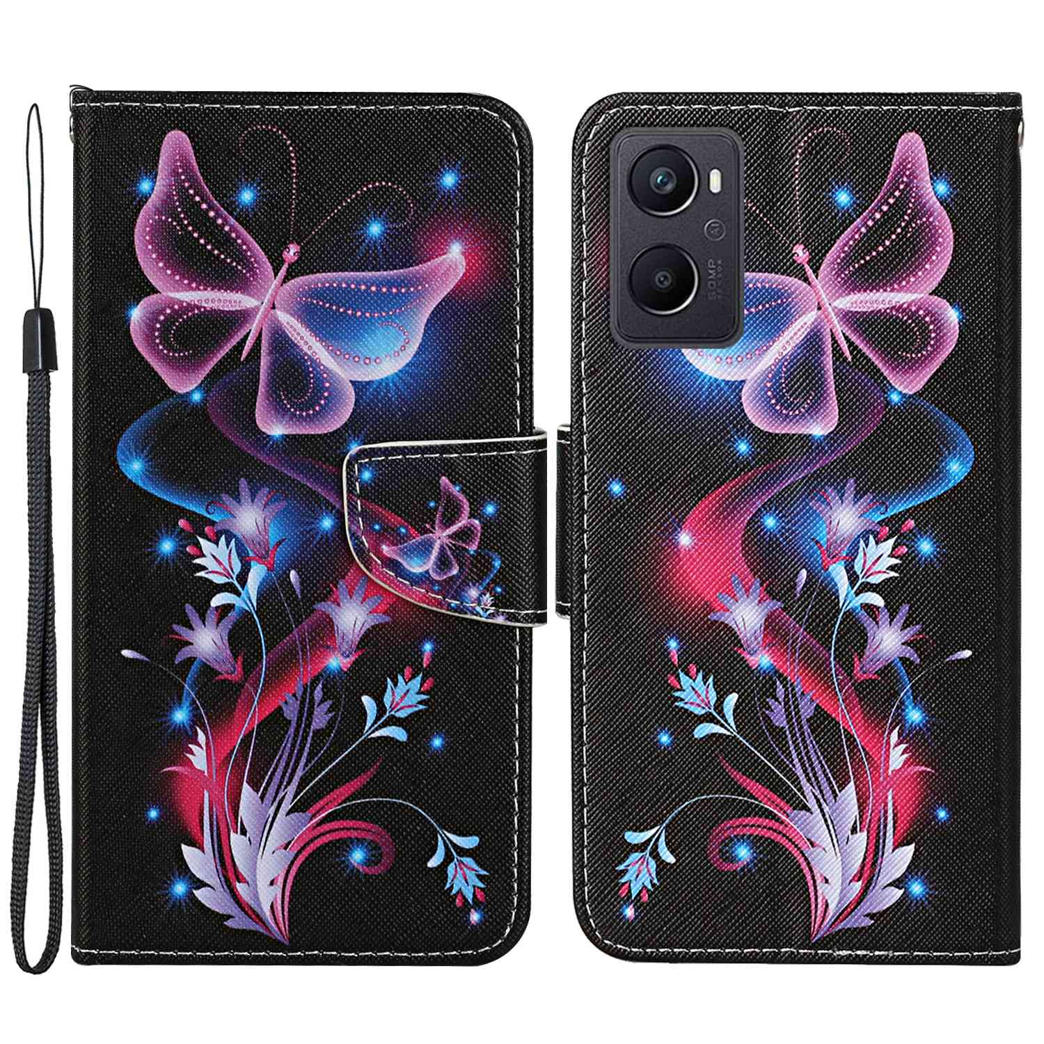

Modèle Impression de Texture Croisée Case de Téléphone Pour Oppo A96 4G, PU le Cuir Portefeuille Flio Flio Shell Avec Sangle - Papillons Fluorescents