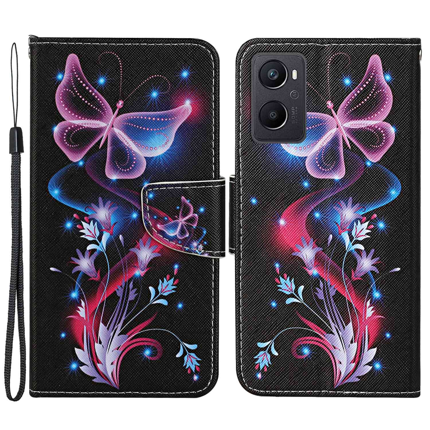 

Pattern Printing Cross Texture Phone Case for Oppo A96 4G, PU Leather Wallet Stand Folio Flip Shell with Strap - Fluorescent Butterflies