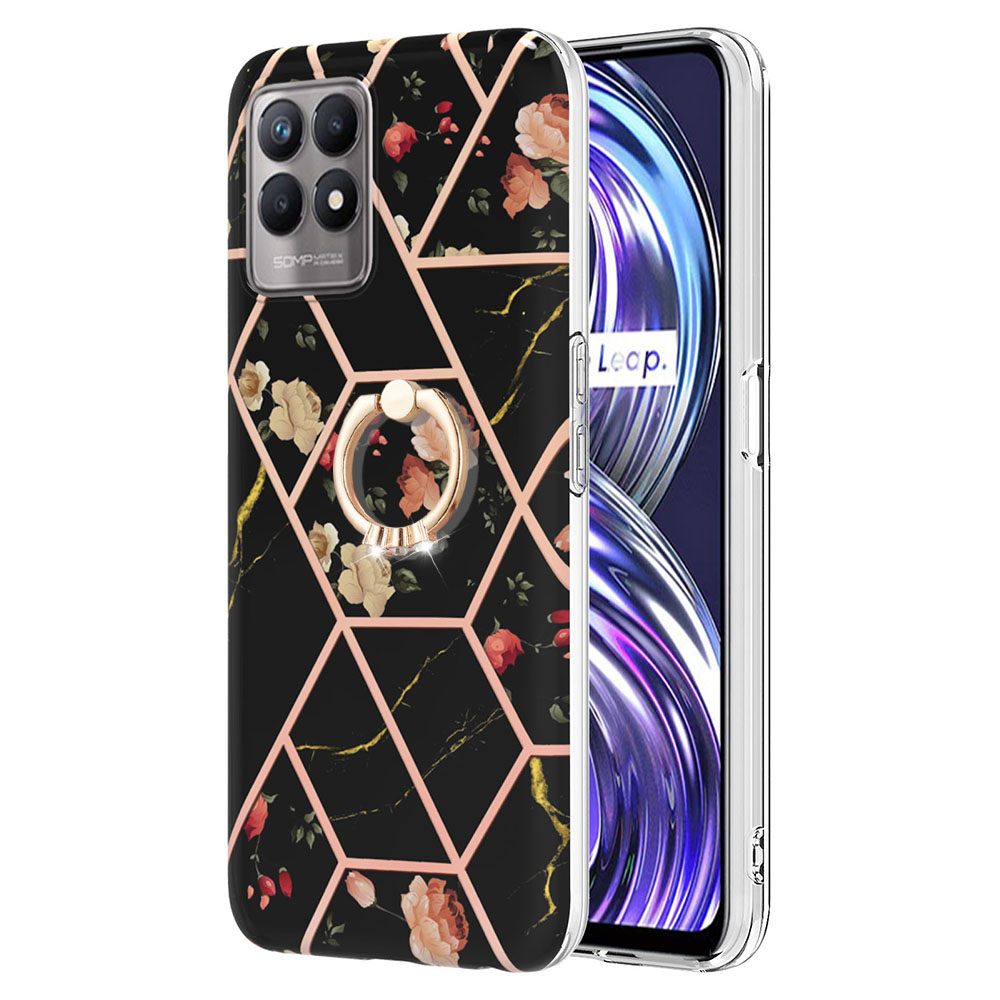 

Ringkickstand-telefonkoffer Für Realme 8i 4G/Narzo 50 4G YB IMD Serie-6 Elektropliertes Rahmen Tpu-fall Imd-rückseite Abdeckung - Schwarze Blumen, Realme 8i