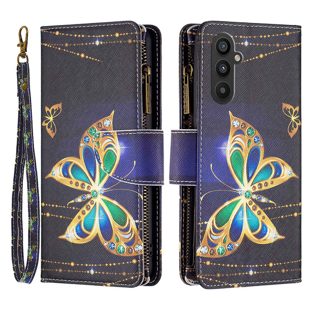 

Für Samsung Galaxy A24 4G BF03 Leder -brieftaschenhülle Reißverschluss -taschenmuster Druckklappabdeckung - Strassbutterfly, Galaxy A24 4G