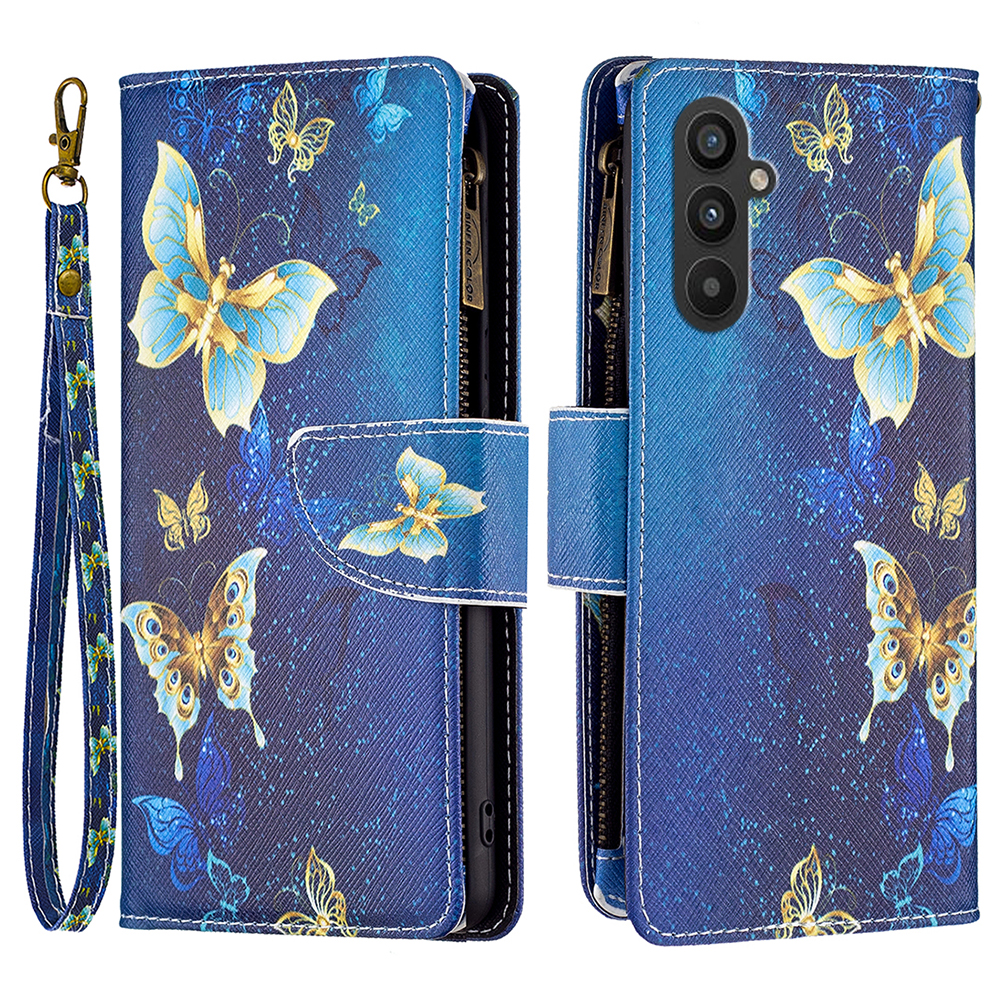 

Für Samsung Galaxy A24 4G BF03 Leder -brieftaschenhülle Reißverschluss -taschenmuster Druckklappabdeckung - Goldene Schmetterlinge, Galaxy A24 4G