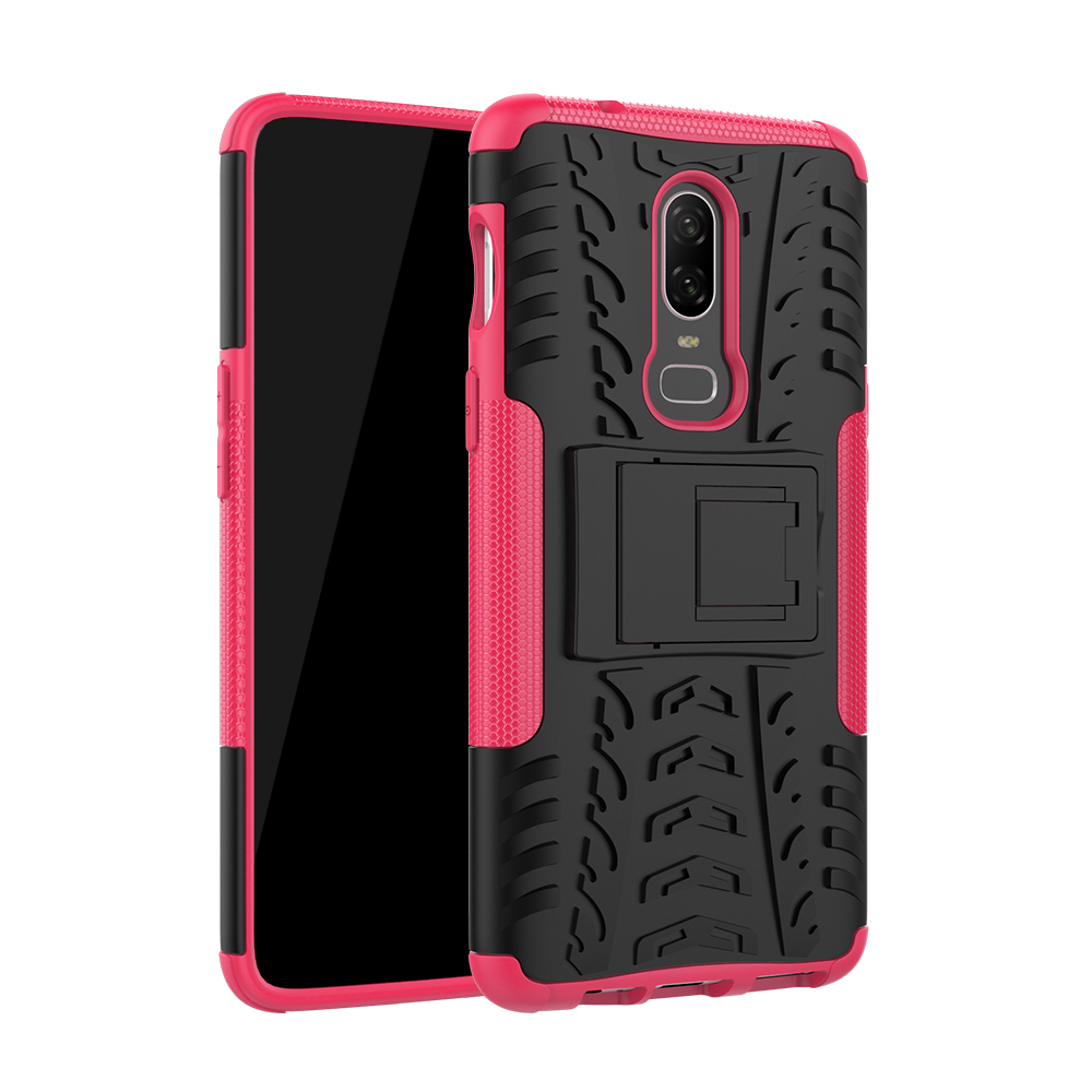

Cool Tire PC + TPU Hybrid Back Cover Cover Avec Kickstand Pour OnePlus 6 - Rose