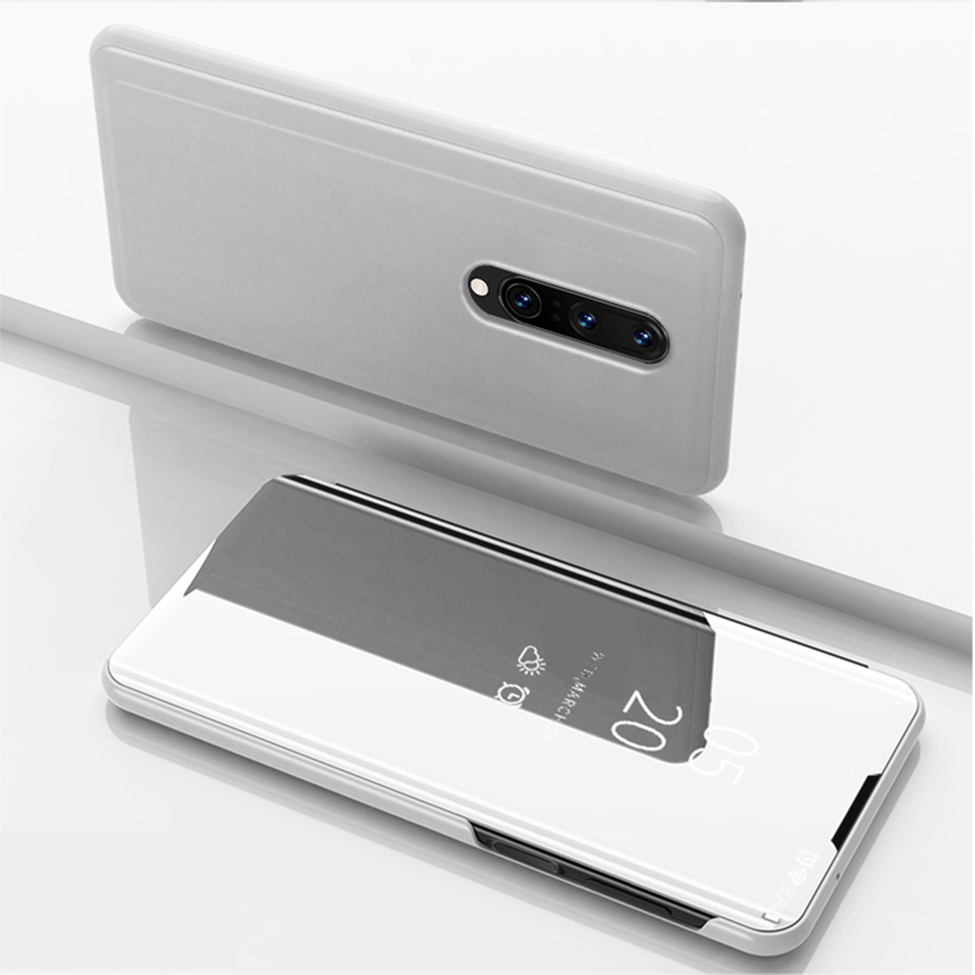 View Window Plated Mirror Surface Leather Stand Case for OnePlus 8 - Silver