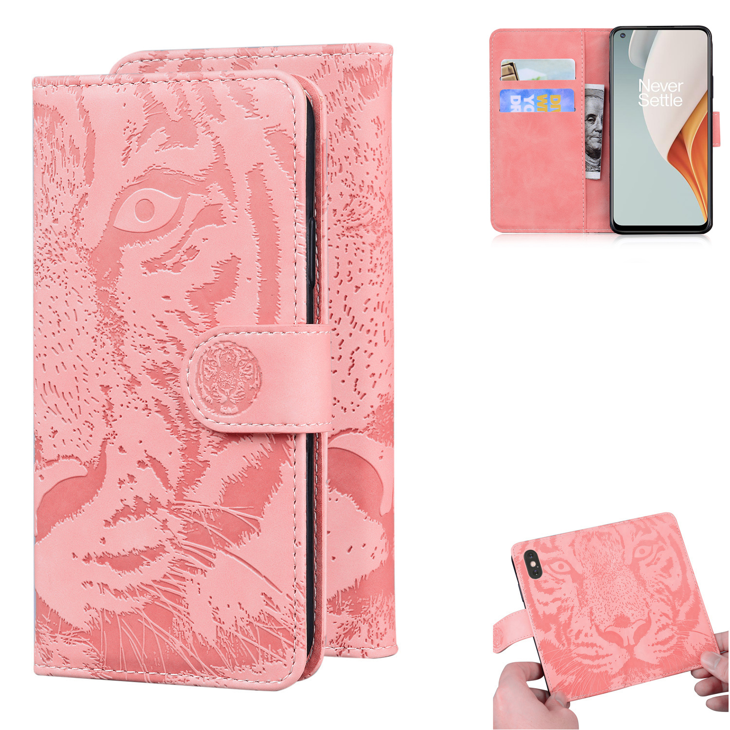 

Stand Wallet Case Imprinted Tiger Pattern Leather Cover for OnePlus Nord N100 - Pink, OnePlus OnePlus Nord N100