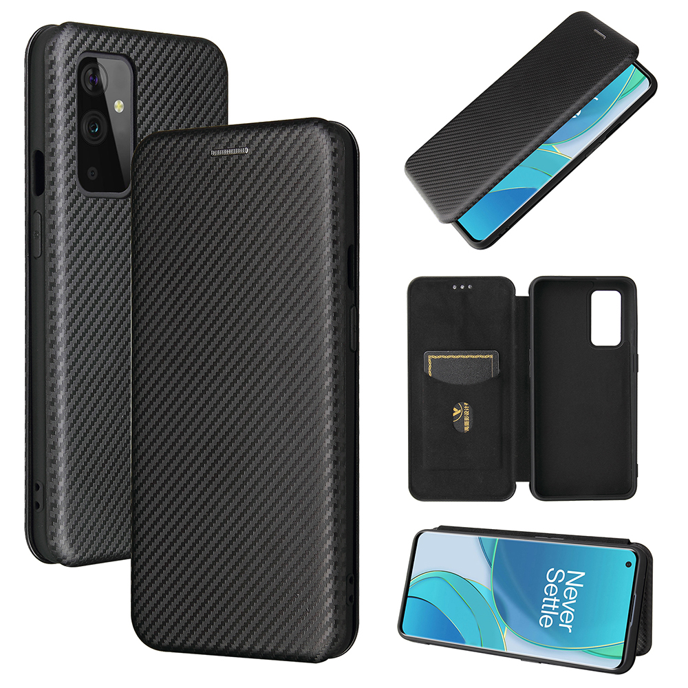 

Für OnePlus 9 (EU / US -version) Kohlefaser -magnet -sauglederschale Mit Kartenhalter - Schwarz, OnePlus 9 (EU / US Version)
