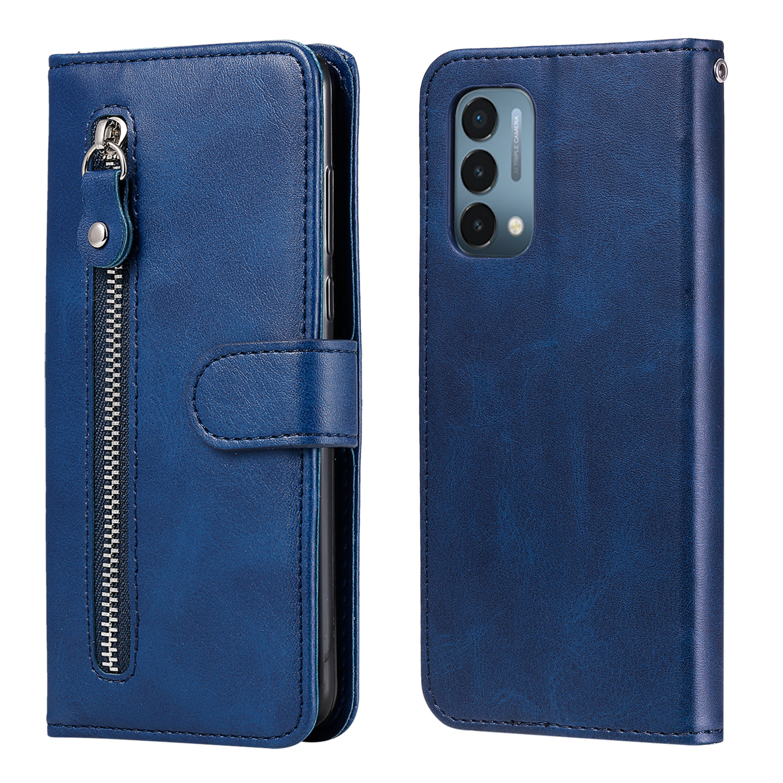 

Leder-Vollschutz-Reißverschluss Tasche Brieftasche Stand Design Telefonabdeckung Für OnePlus Nord N200 5G - Blau, OnePlus Nord N200 5G