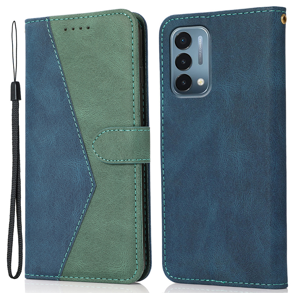 

Dual Color Splicing Cover Wallet Stand Leather Case with Carrying Lanyard for OnePlus Nord N200 5G - Blue/Green