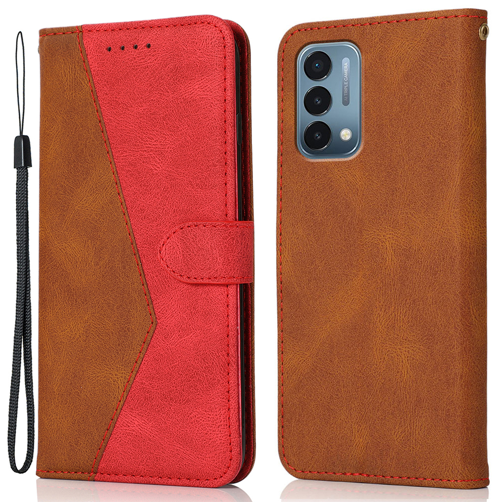 

Dual Color Splicing Cover Wallet Stand Leather Case with Carrying Lanyard for OnePlus Nord N200 5G - Brown/Red