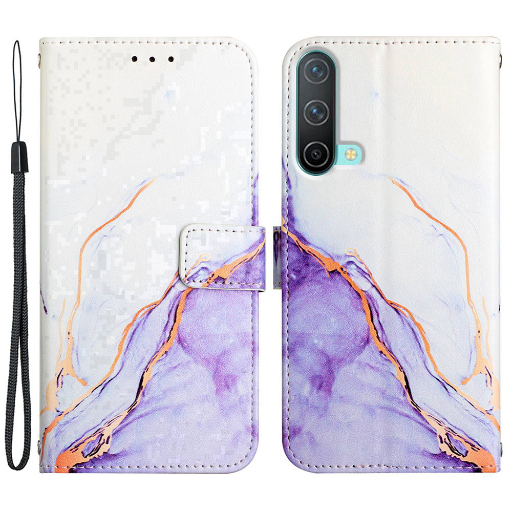 

YB Pattern Printing Leather Series-5 for OnePlus Nord CE 5G Marble Pattern PU Leather Magnetic Clasp Protective Case Phone Stand Wallet Shell with Wrist Strap - White Purple LS006