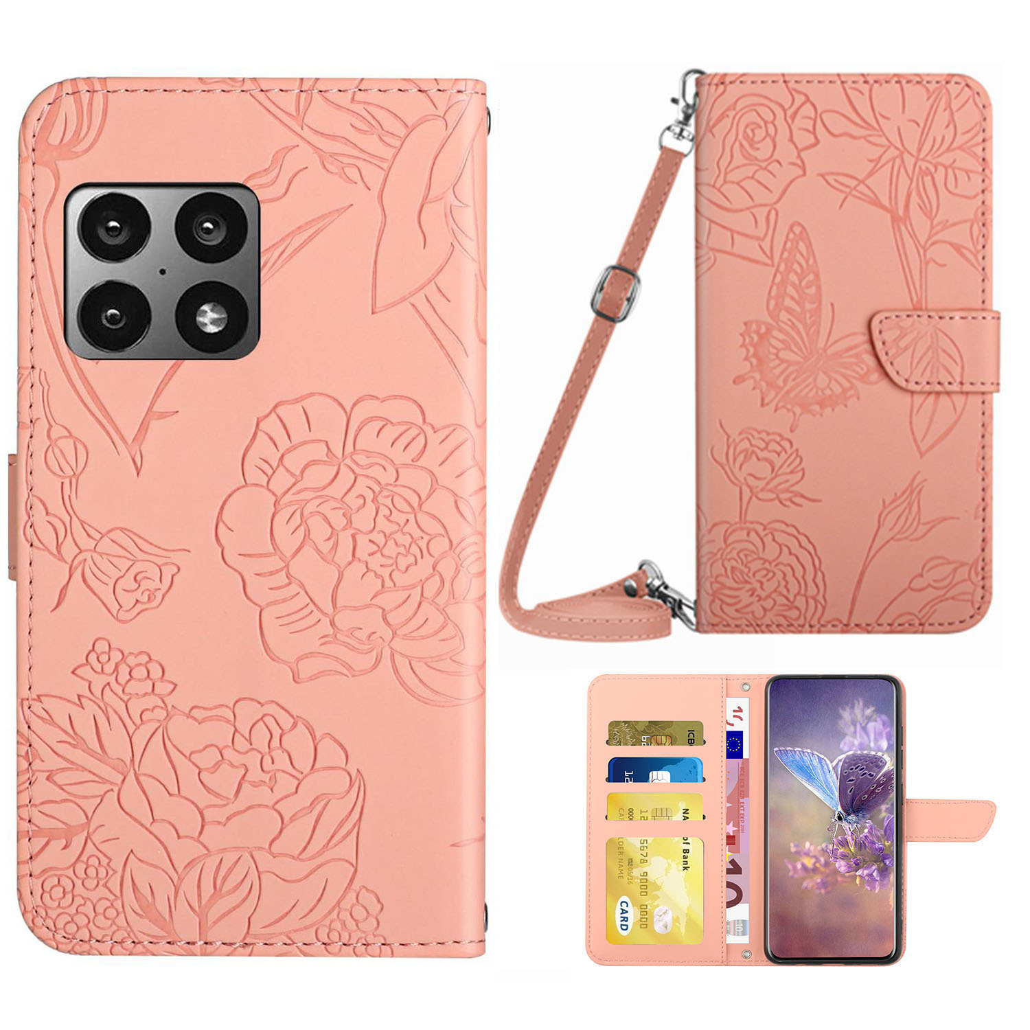 

Für OnePlus 10 Pro Butterfly Blumenmuster Geprägtes PU Leder Flip Schutzschutz Schultergurt Ständer Folio Brieftasche Hülle - Rosa, OnePlus 10 Pro 5G