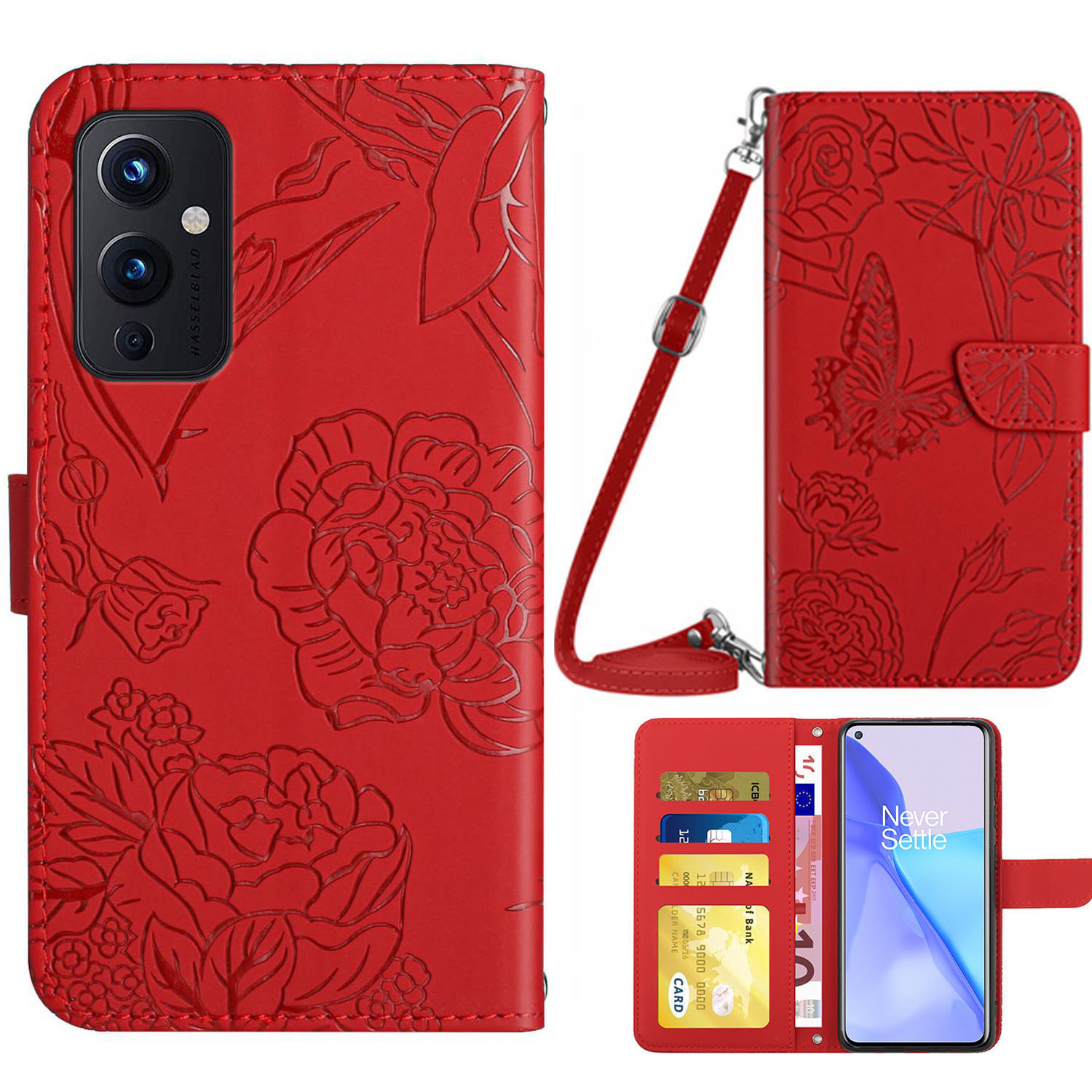 

PU Leder -telefonschale Für OnePlus 9 Pro -schutzhülle Schmetterlingsblüten, Die Kratzfeste Standhülle Mit Brieftasche/schultergurt Sprudeln - Rot, OnePlus 9 Pro 5G