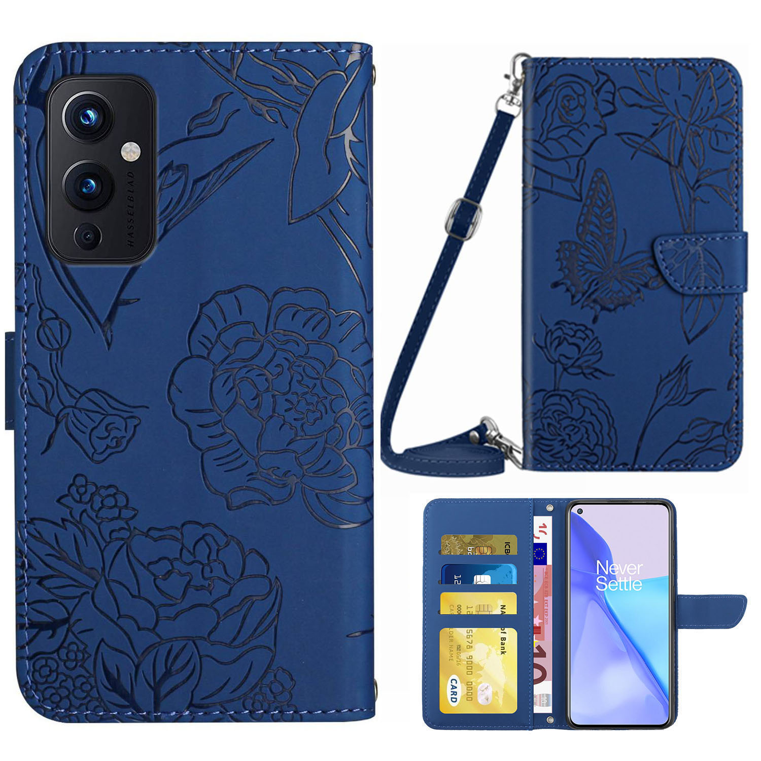 

PU Leder -telefonschale Für OnePlus 9 Pro -schutzhülle Schmetterlingsblüten, Die Kratzfeste Standhülle Mit Brieftasche/schultergurt Sprudeln - Blau, OnePlus 9 Pro 5G