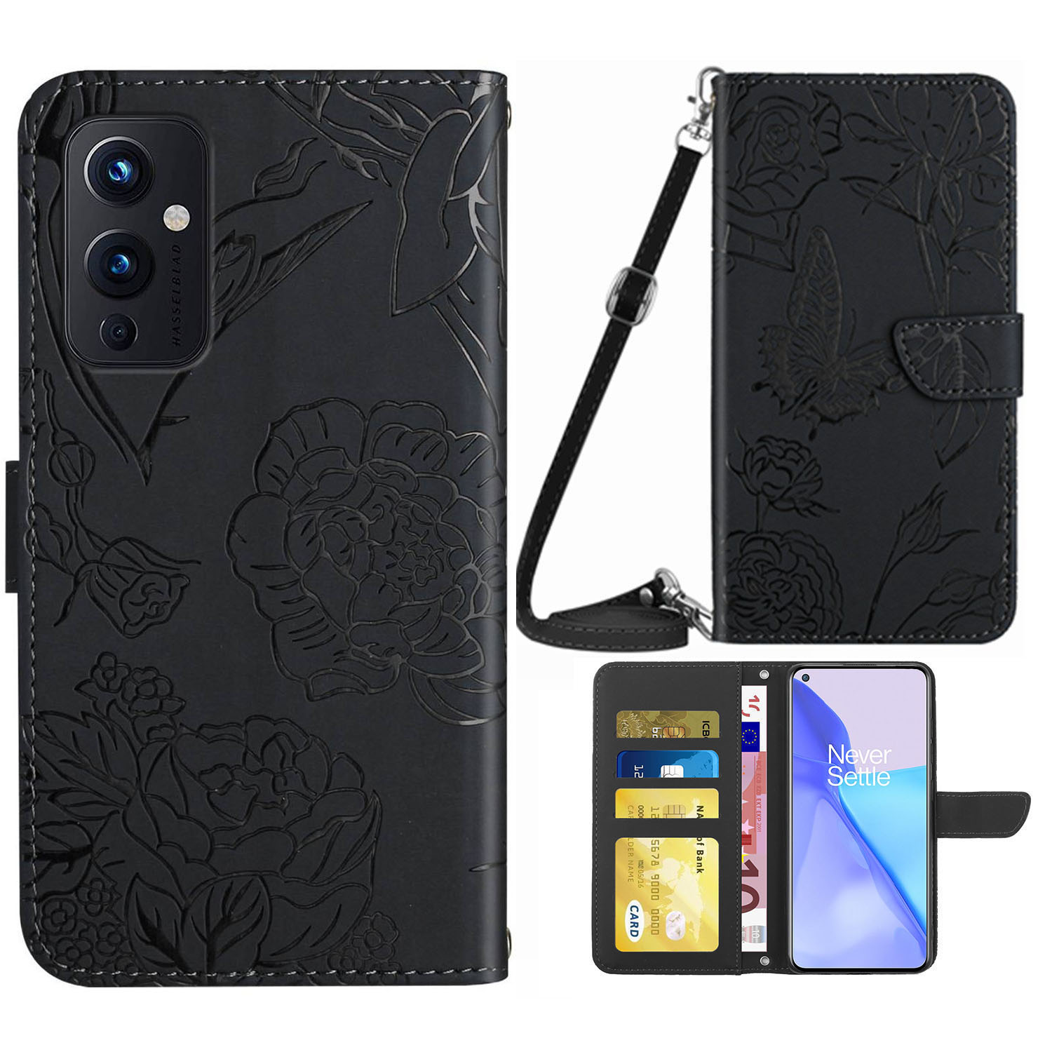 

PU Leder -telefonschale Für OnePlus 9 Pro -schutzhülle Schmetterlingsblüten, Die Kratzfeste Standhülle Mit Brieftasche/schultergurt Sprudeln - Schwarz, OnePlus 9 Pro 5G