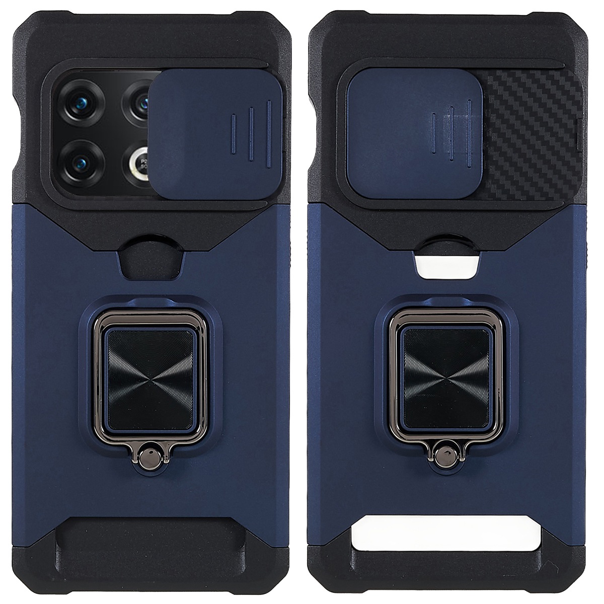 

Für OnePlus 10 Pro Wear-resistente PC + Tpu-kamera-schieberegler Anti-drop-kartensteckplatz + Metall-kickstand-design-hülle - Navy Blau, OnePlus 10 Pro 5G