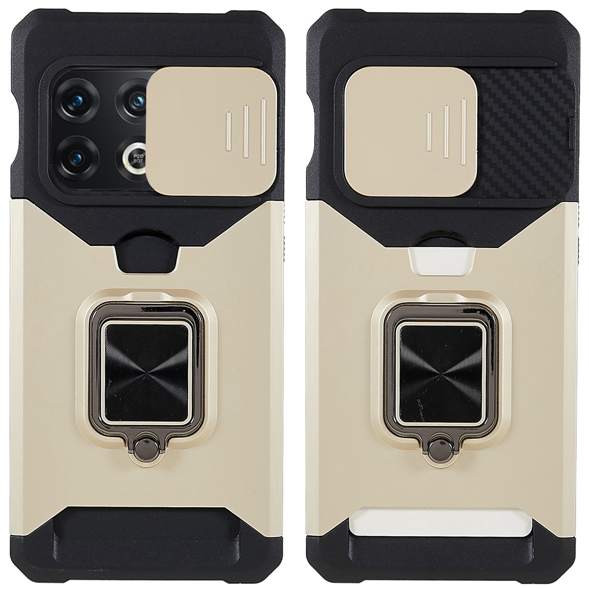 

Für OnePlus 10 Pro Wear-resistente PC + Tpu-kamera-schieberegler Anti-drop-kartensteckplatz + Metall-kickstand-design-hülle - Gold, OnePlus 10 Pro 5G