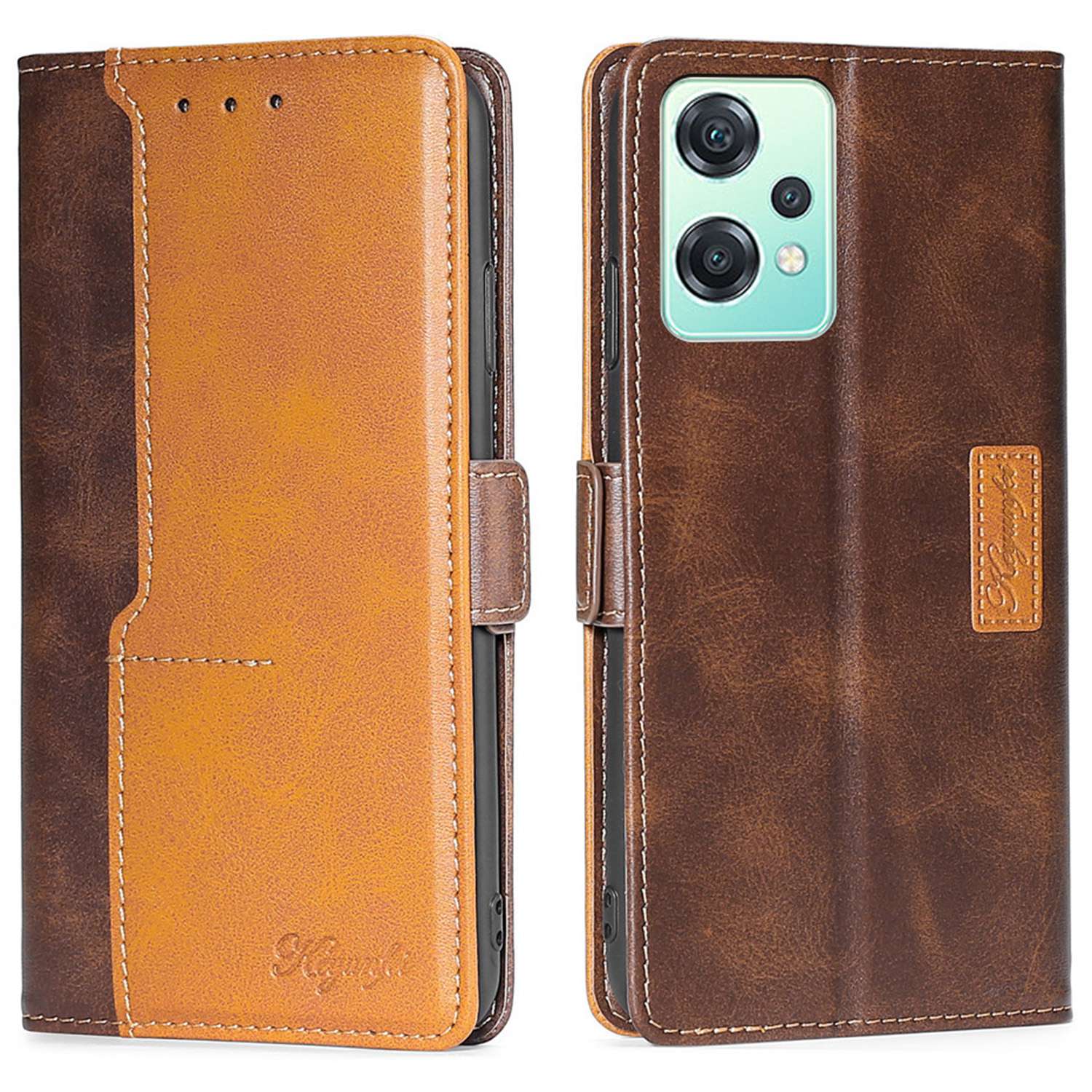 

Für OnePlus Nord CE 2 Lite 5G Schockdichte Flip PU Leder Hülle Kontrast Farbe Spleiß - Braun/gold, OnePlus Nord CE 2 Lite 5G