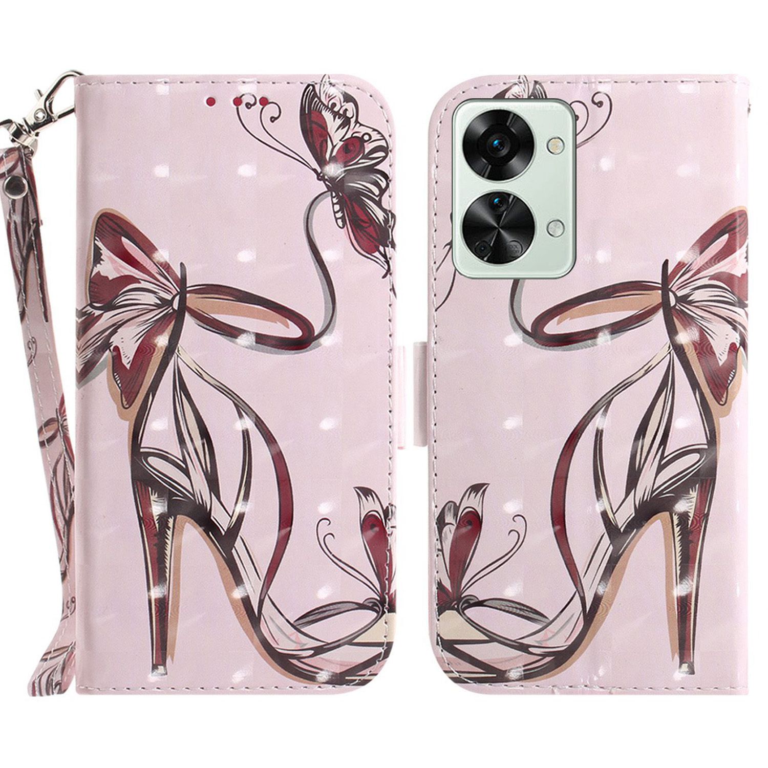 

Für Oneplus Nord 2T 5G Tropfsichere Geldbörse Fall 3D-Musterdruck PU-Leder Armband Stand Feature Flip Cover - Schmetterling High Heels, OnePlus Nord 2T 5G