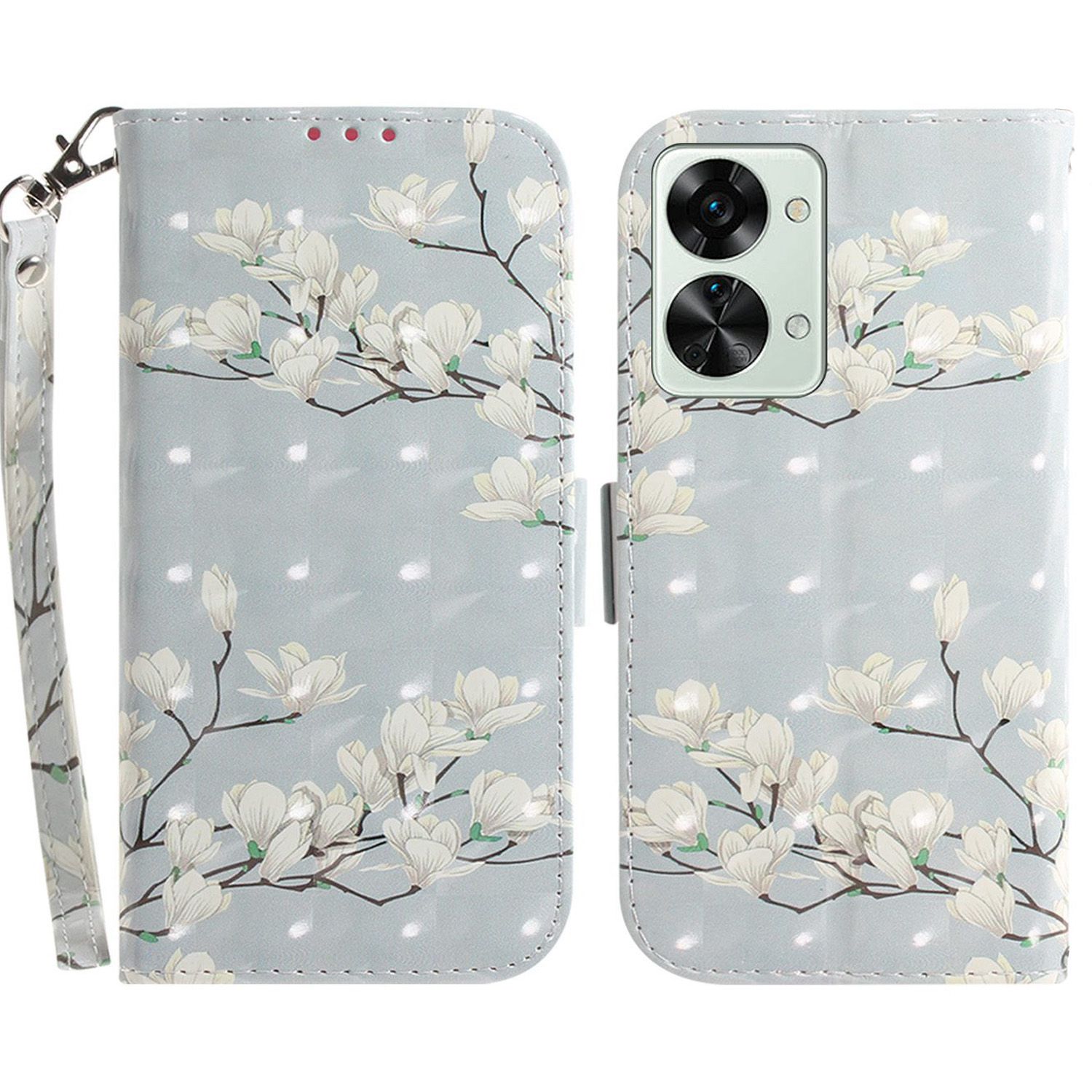 

Für Oneplus Nord 2T 5G Tropfsichere Geldbörse Fall 3D-Musterdruck PU-Leder Armband Stand Feature Flip Cover - Magnolie, OnePlus Nord 2T 5G