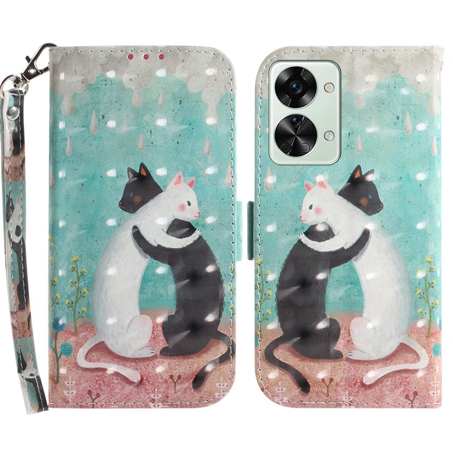 

Für Oneplus Nord 2T 5G Tropfsichere Geldbörse Fall 3D-Musterdruck PU-Leder Armband Stand Feature Flip Cover - Zwei Katzen, OnePlus Nord 2T 5G