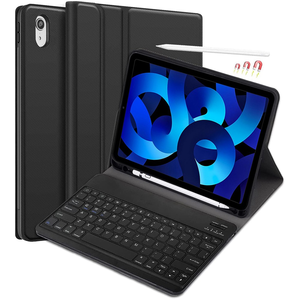 

Для Ipad Air (2022)/(2020) Текстурированная Кожаная Оболочка PU + Ultra Slim Wireless Bluetooth Клавиатура с Магнитным Съемным Дизайном - Черный, iPad Air (2022)
