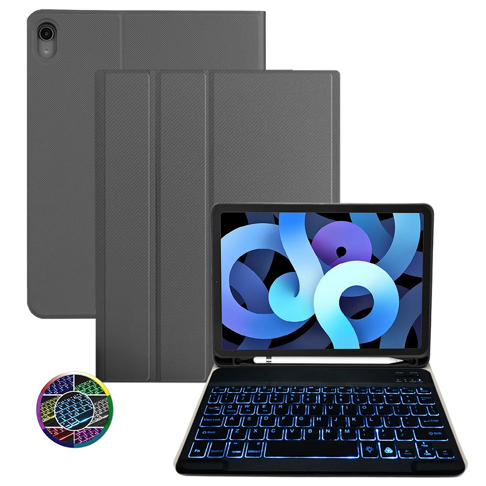 

For iPad Air (2020)/(2022) Removable Bluetooth Keyboard with 7-Color Backlit Business Style Shockproof Anti-Drop Case with Pencil Slot - Grey, iPad Air (2022)